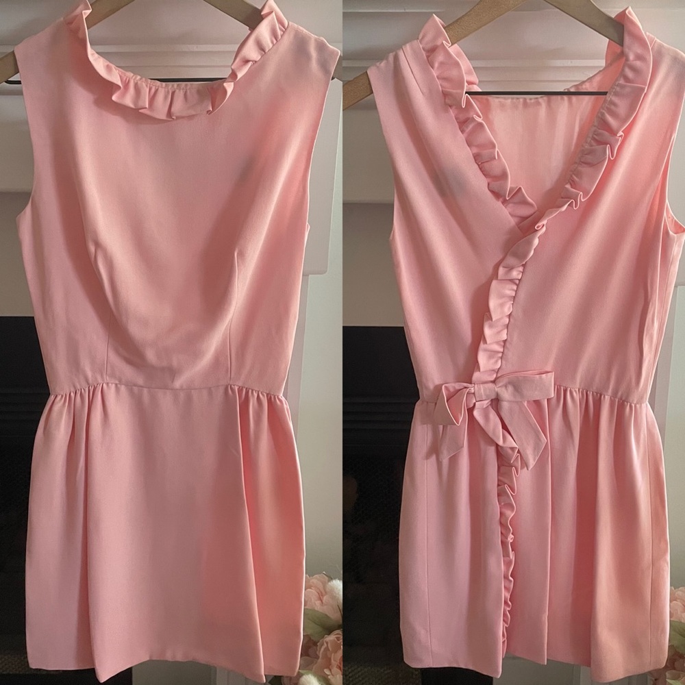 Vintage Lanz Original Pink Back V Ruffle Bow Dress Size Small